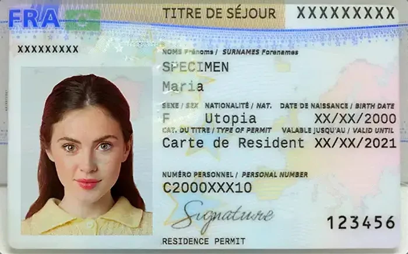 Spécimen de carte de résident française, avec photo d'identité et mentions officielles